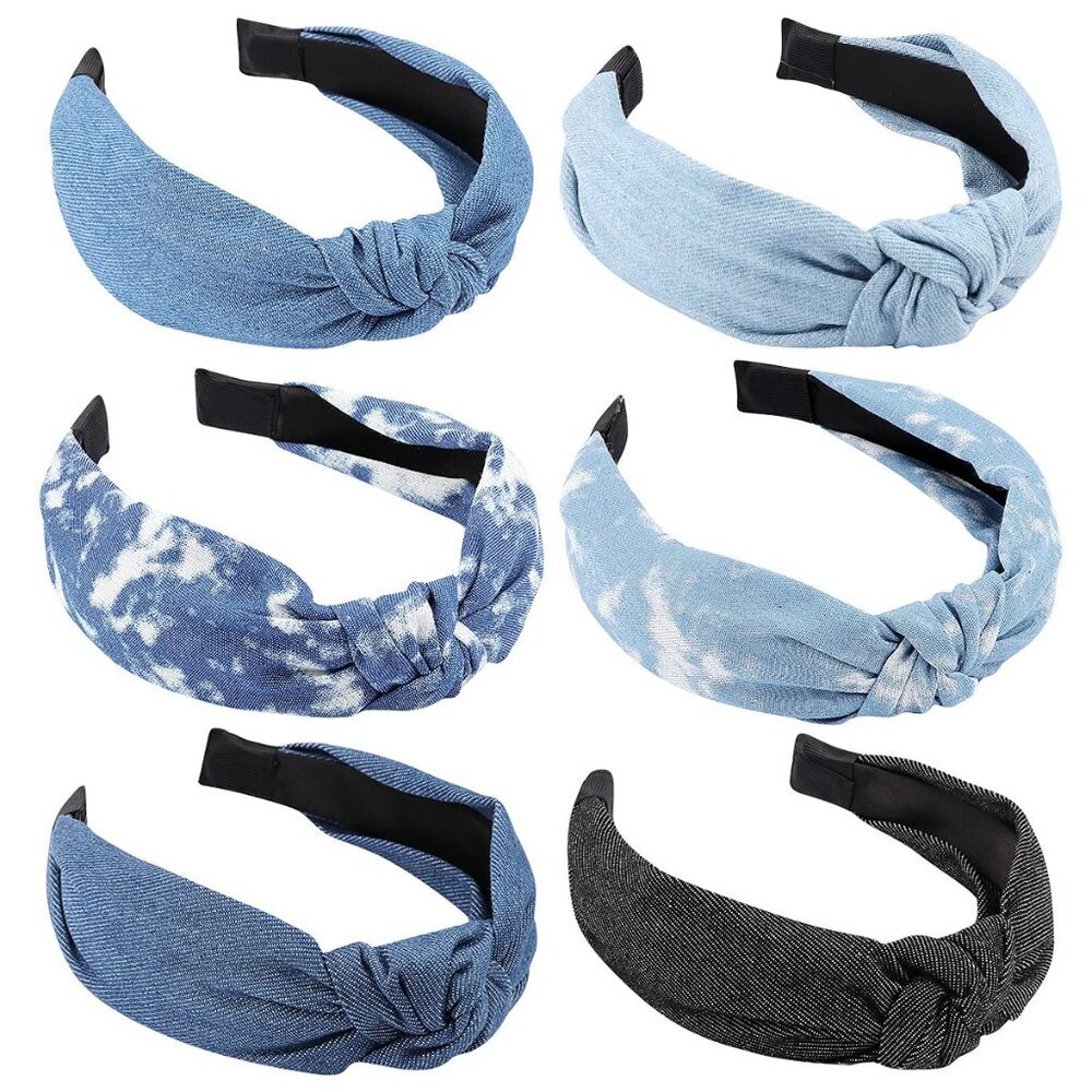 Denim Wide No-Slip Fashion Boho Turban Elastic Headbands - Blue Jean Knotted Top